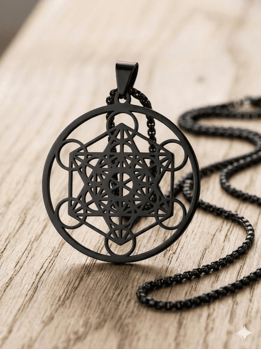 Pendentif Cube de Métatron Noir / Acier inoxydable et géométrie sacré