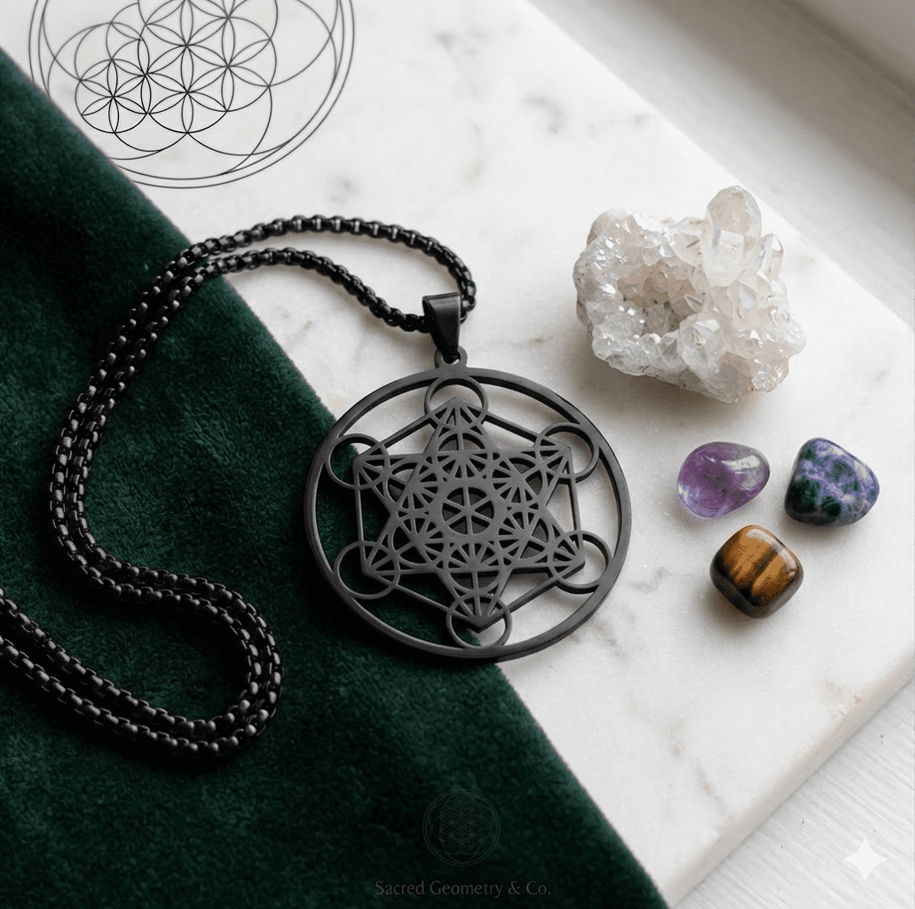 Pendentif Cube de Métatron Noir / Acier inoxydable et géométrie sacré – Image 2